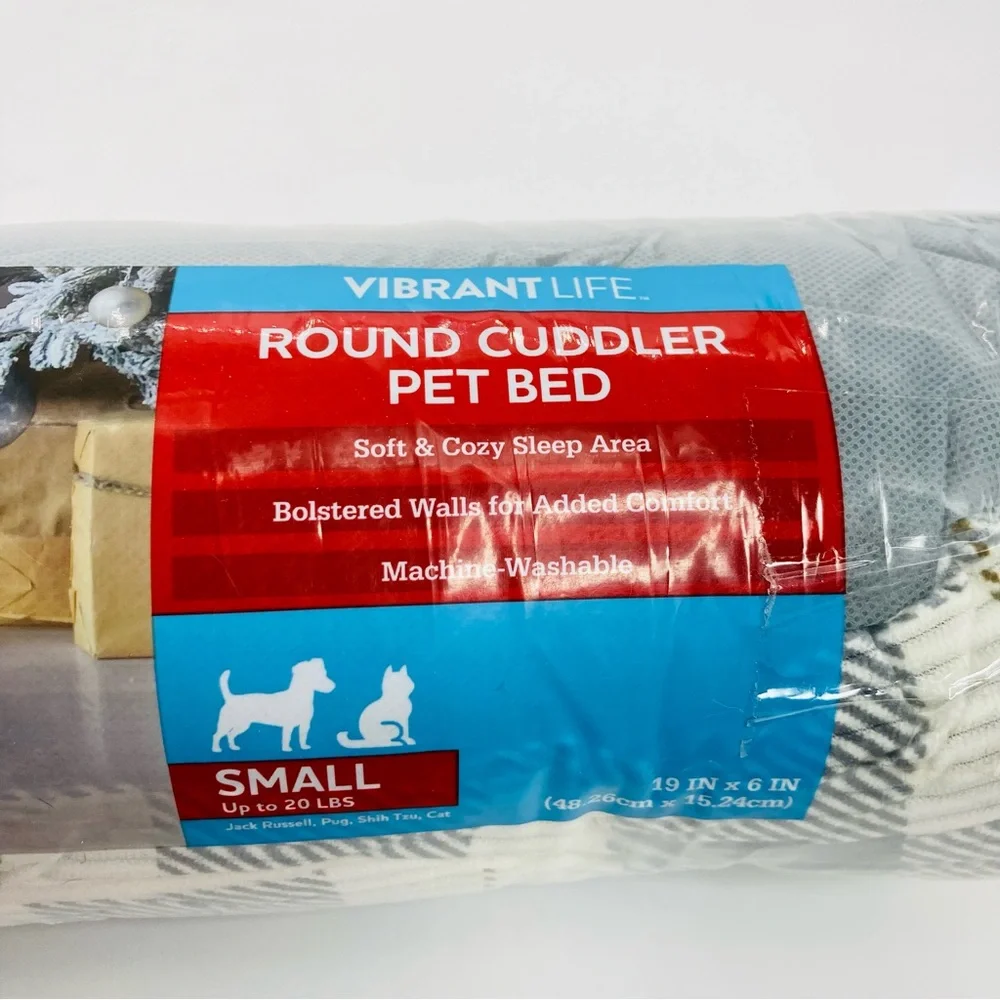 Vibrantlife Round Cuddler Pet Bed Small 6x19” Gray Grey White Plaid Pattern